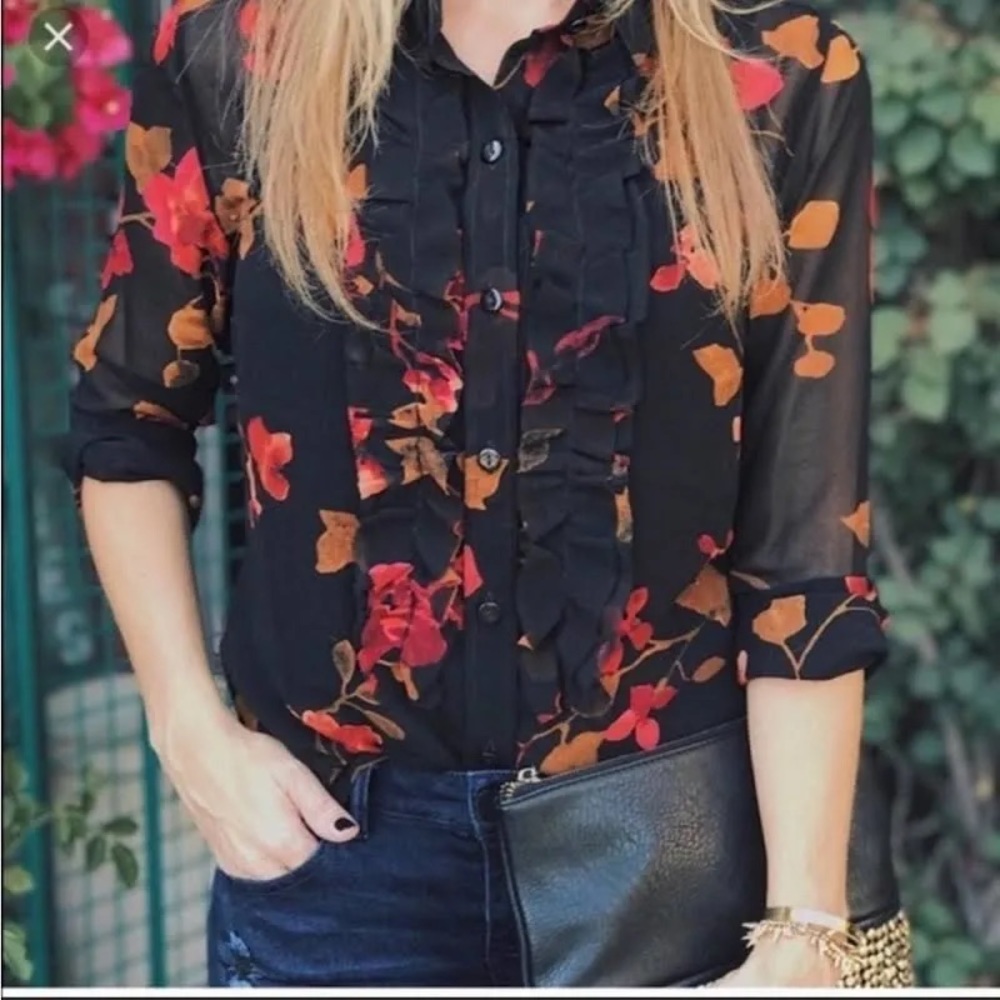 Cabi Catherine Blouse, 3505, Midnight Floral, Sheer, Ruffle